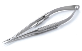 Anis Needle Holder, Straight, Delicate 8mm Jaws, With Lock, Round Knurled Handle, Dull Finish, Overall Length 4-7/8" (122mm) K6-3750,E3804 WLM,08-02155,9860E,K6-3750,08-02155,E3804 WLM